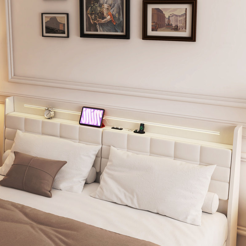 Grand cadre de lit flottant avec lumière DEL et base de lit tapissier avec base de lit tapissier avec tête de lit et espace de rangement caché