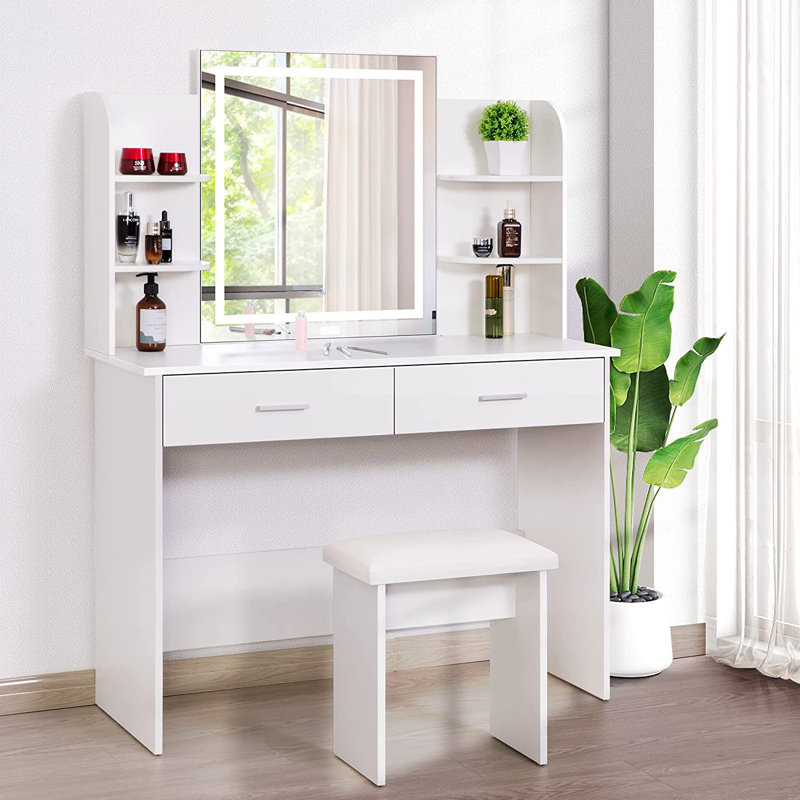 Decorian Makeup Vanity Table Set With 3-colour Dimmable Lighted Mirror, White