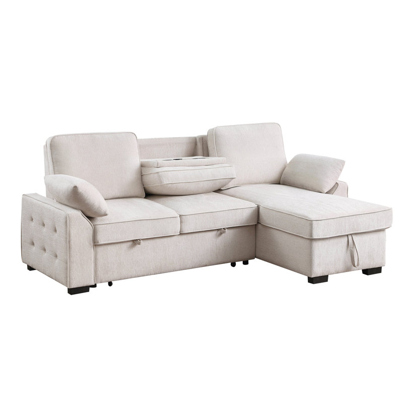 Mackenzie 91"W Beige Chenille Fabric Reversible Sleeper Sectional with Storage Chaise, Drop-Down Table, Cup Holders and Charging Ports