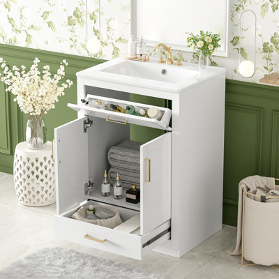 Meuble-lavabo bleu de 24 pouces avec lavabo intégré, armoire à 2 portes, tiroir escamotable, espace de rangement spacieux pour les petits espaces, style moderne, rangement rapide intégré
