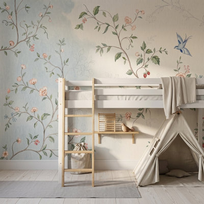 Vintage Botanical Wallpaper Floral Vines Removable Blue Bird Wall Decor