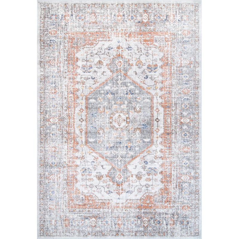 Torven Traditional Floral Power Loom Performance Silver Rug, Rectangle 12' x 15'