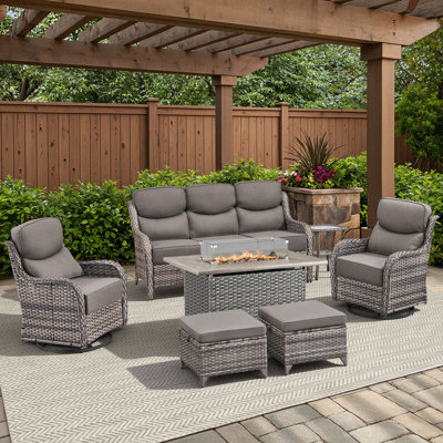 5-7 Person Outdoor Wicker Courtyard Night Fire Pit Table Conversation Set With Ottomans