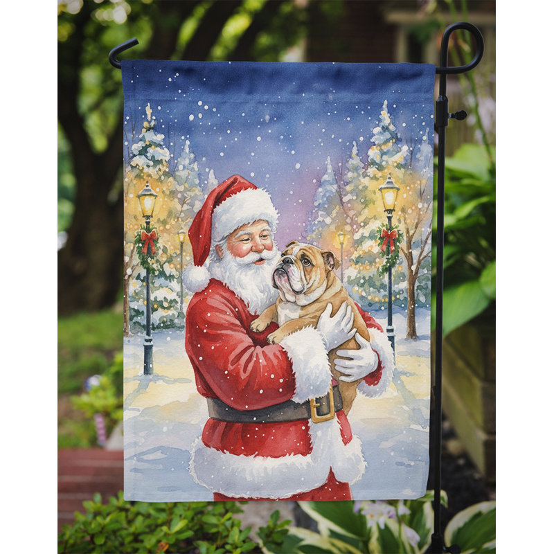 Bouledogue anglais avec le drapeau du jardin du père Noël, Taille du jardin, Bouledogue anglais