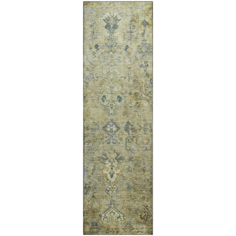 Premium Machine Washable Mayfield Global Rug, 2'3" x 7'6" Runner, Green