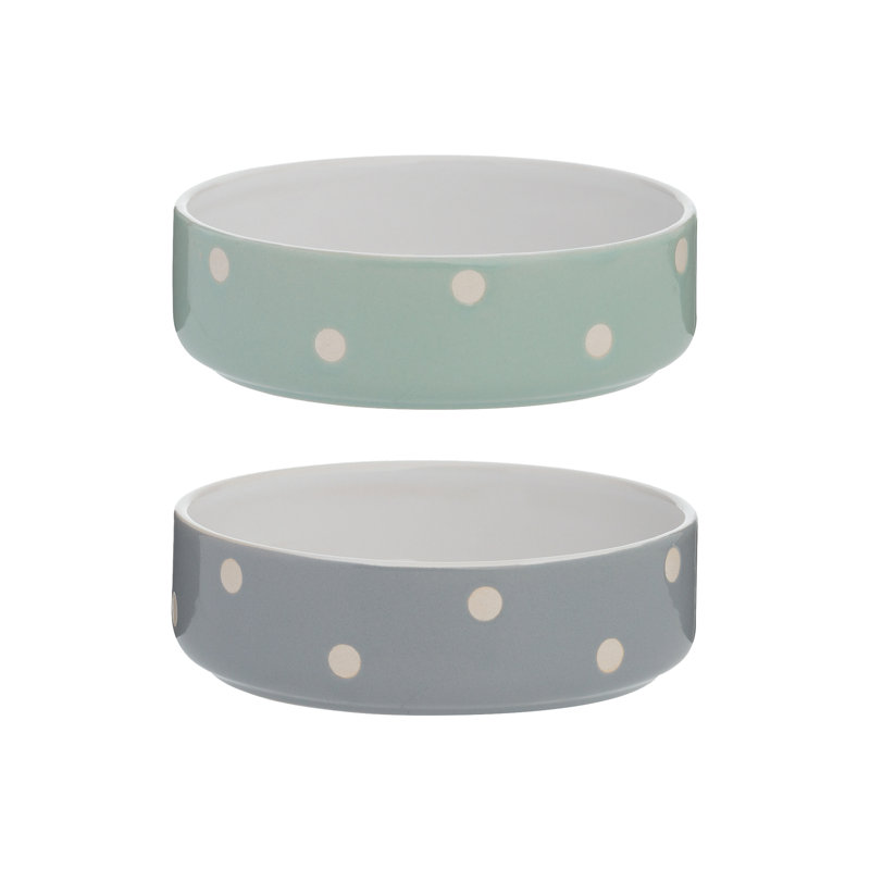 Polka Dot Dog Bowls, 4cm H x 13cm W x 13cm D, Sage/Grey