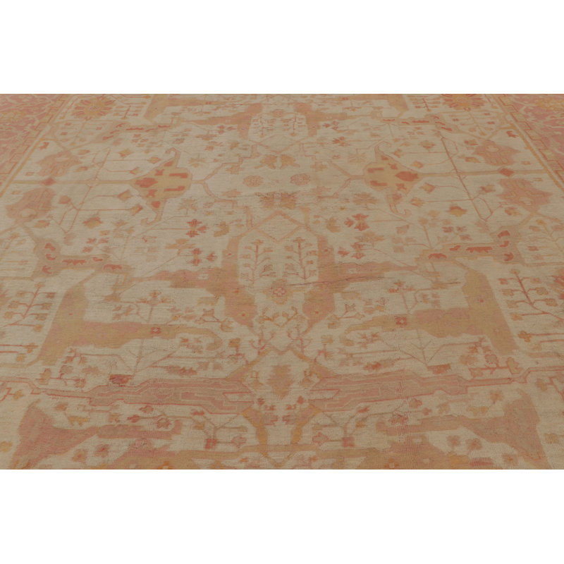 Antique Turkish Oushak Rug In Cream And Pink With Floral Medallion - Rug & Kilim