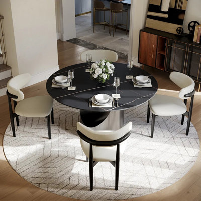 Modern Sintered Stone Round Dining Table with U-shaped Leg, Seats 4 to 6, Kitchen Table for Living Room