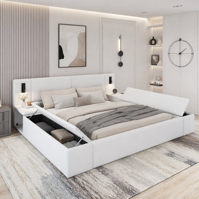 Teddy Fleece Upholstered Platform Bed Frame with Massive Hidden Storage, Modern Bouclé Fabric Bed with Built-in Nightstands & LED Reading Lights