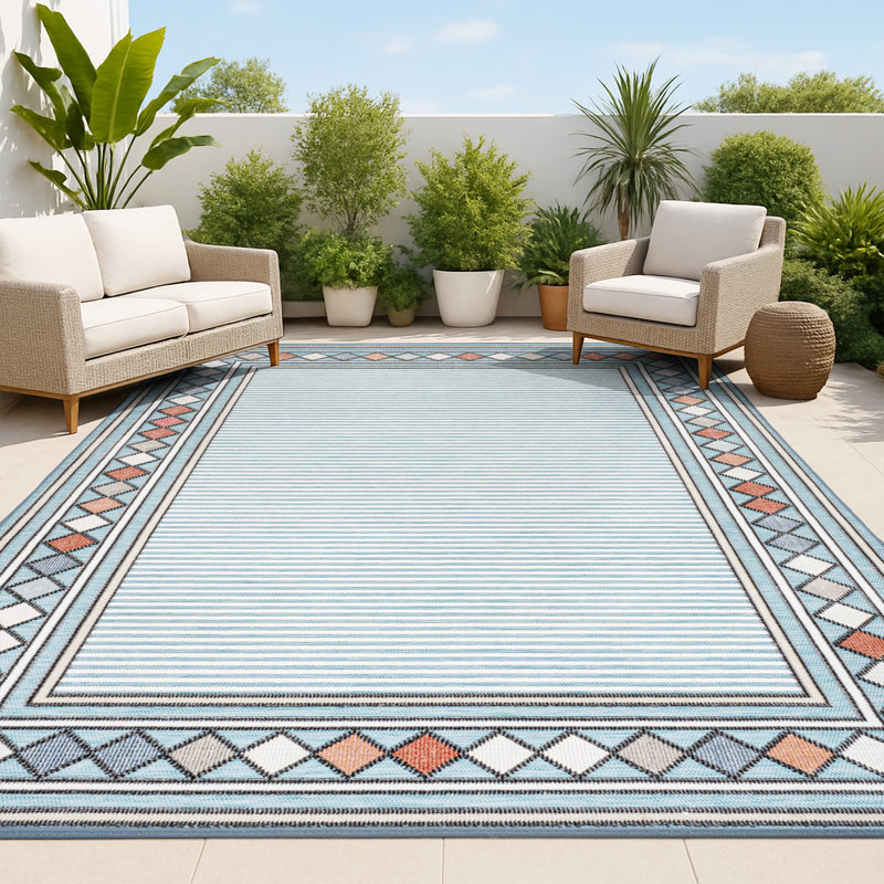 Tapis intérieur / extérieur bleu / ivoire Hermindo, Rectangle 5 pi 3 po x 7 pi 7 po
