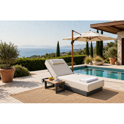 Fonda Outdoor Reclining Chaise Lounge with Wheels, Thick Cushion, Head Pillow & Teak Top Side Table