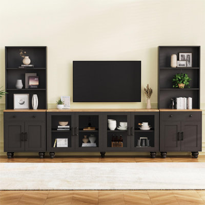 ON-TREND Farmhouse TV Stand With Solid Wood Gourd-Shaped Legs For Tvs Up To 70", Entertainment Center With Bookshelves & Tempered Glass Doors, Media Console With Adjustable Shelves, Living Room, Black