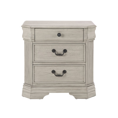 27" W Traditional 3-Drawer Nightstand / End Table, Solid Pine Wood, Fully Assembled, Antique Gray (White)