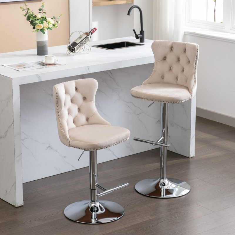 Tabourets de bar réglables en velours avec dossier capitonné pour la maison et la cuisine, Beige