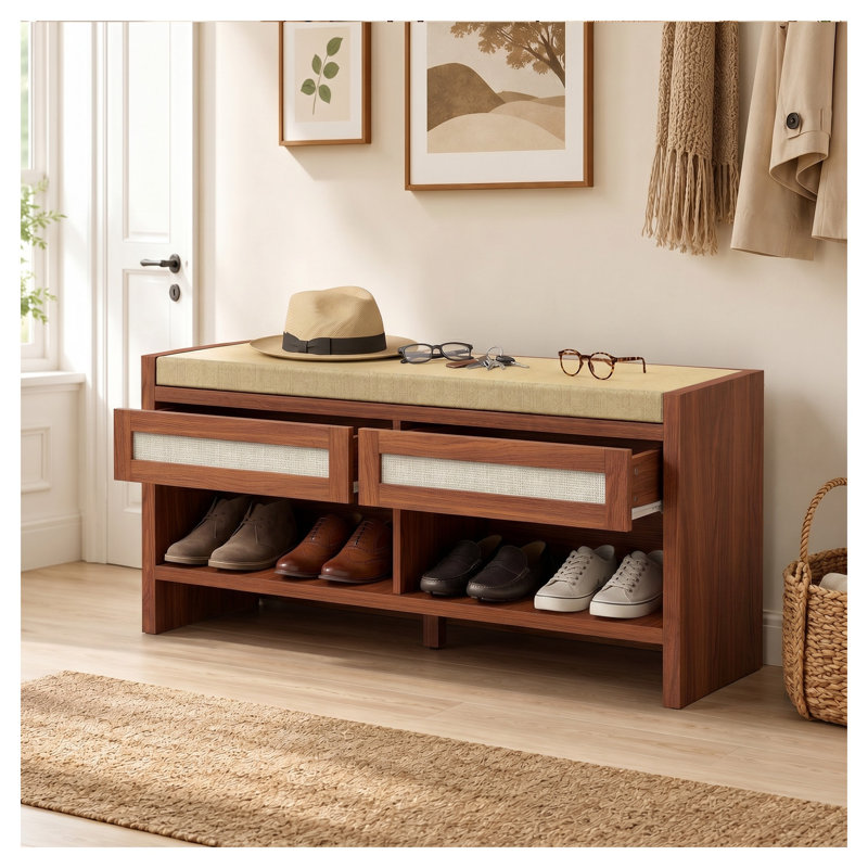 Banc de rangement pour chaussures avec 2 tiroirs en rotin, siège rembourré d'aspect lin et tablette ouverte pour vestibule, H 42,5 po, brun