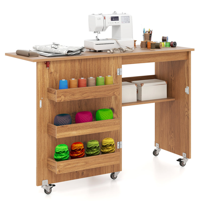 116cm x 40cm Foldable Sewing Table with Sewing Machine Platform and Wheels, Natural Wood