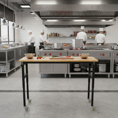 Réglable 70 x 21 po avec prise électrique et structure en bois d'hévéa, hauteur réglable de 29,5 po à 39,4 po, panneau perforé avec règles, crochets et roulettes, capacité de 2 000 lb pour le bureau et la maison