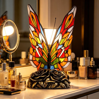 Butterfly Tiffany Style Stained Glass Accent Table Lamp with E12 Socket, Multi-Colored Art Glass Shade, Resin Base, 8 x 9 Inches, Warm White LED Bulb Included