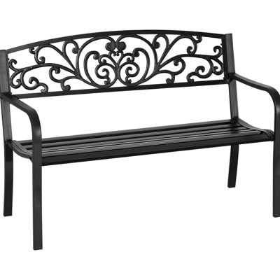 Banc de jardin en métal noir à motif floral, 127 cm (50 po). Assise à lattes pour véranda, cour ou pelouse. Deux options pour relaxer en plein air. Assemblage facile requis.