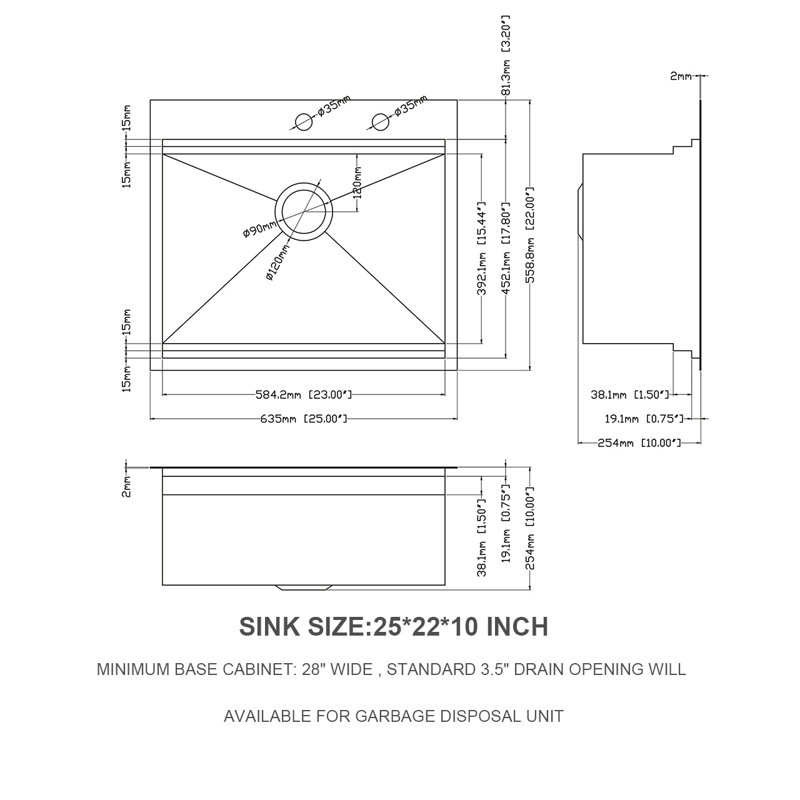 25'' L Single Bowl Stainless Steel Kitchen Sink