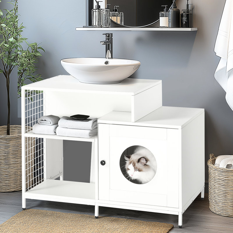 Litière cachée dans la salle de bain, grande maison de chat blanche avec rangement, solution sous l'évier, panneau de particules P2 pour le rangement,