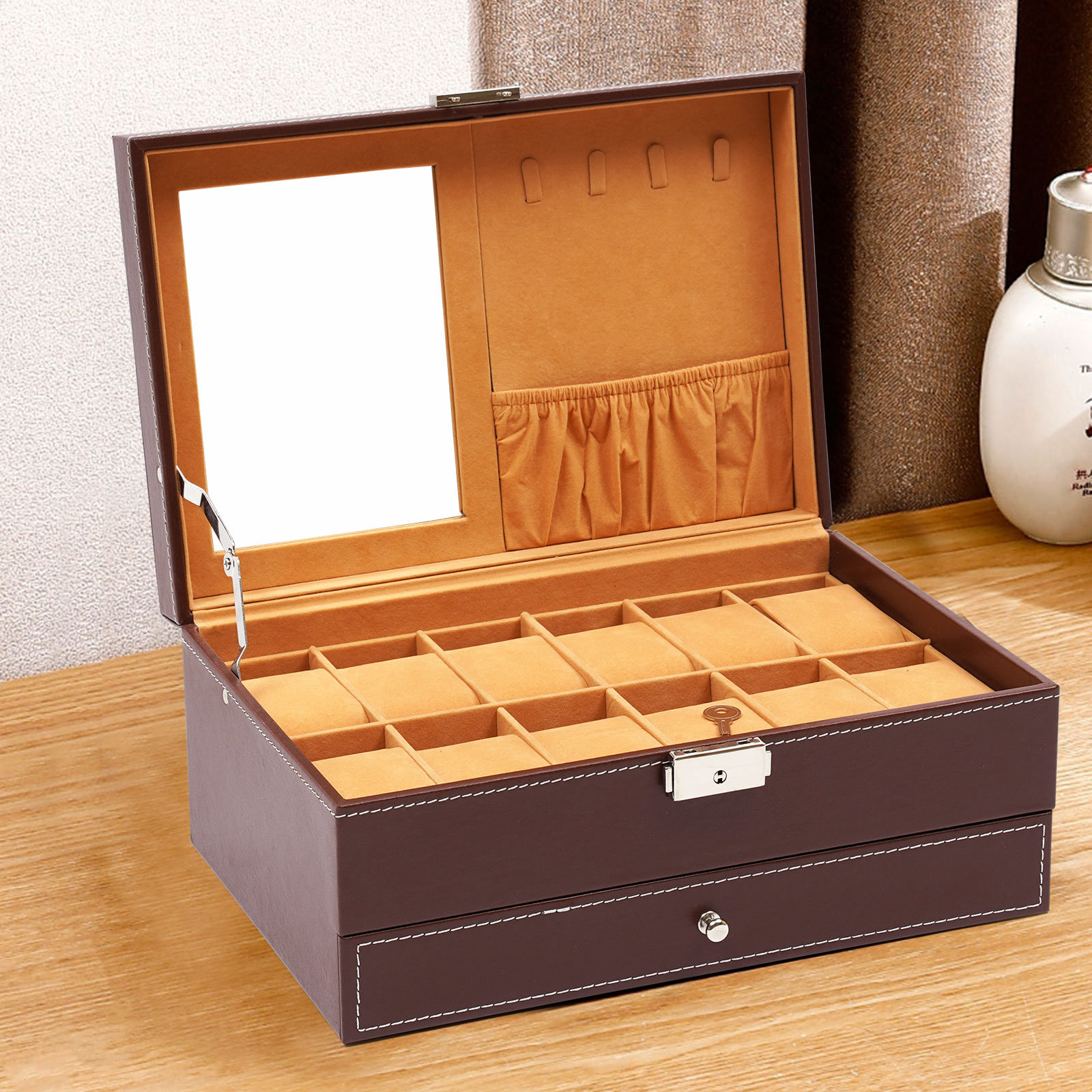 BESTBUY DoubleLayer Wooden MultiFunction Jewelry Box Watch Box With