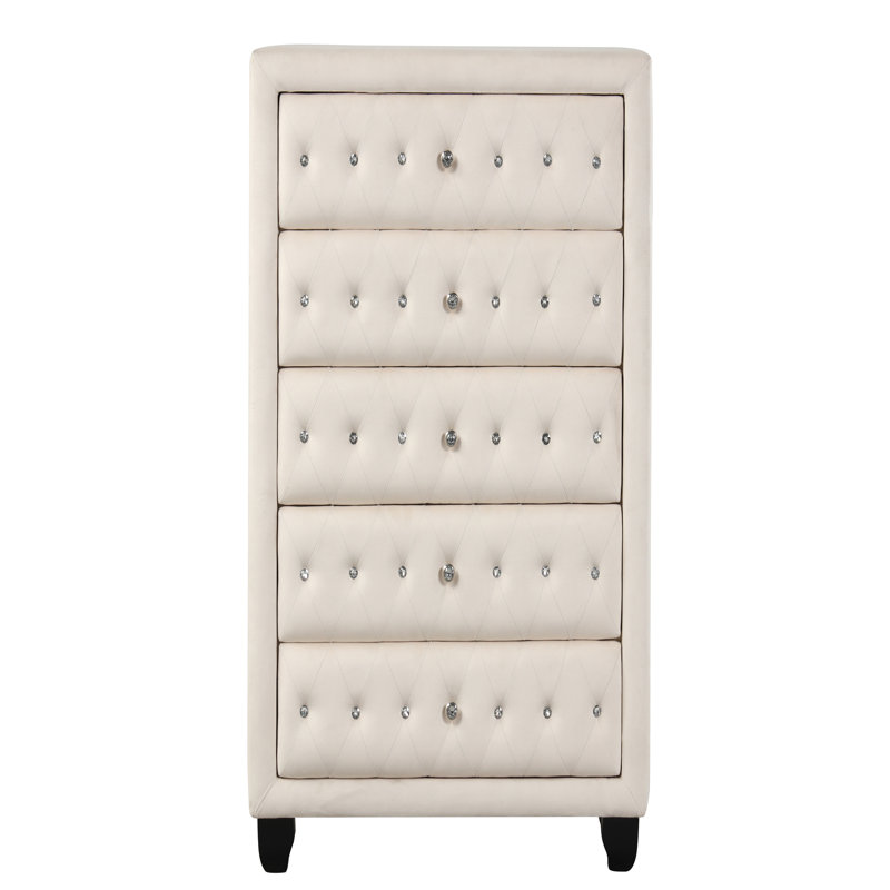 Commode capitonnée à 5 tiroirs de style moderne avec tissu en velours et bois, Crème, crème