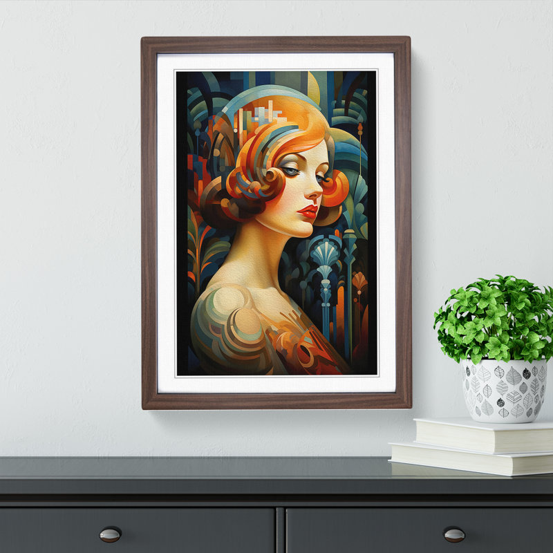 XYZ-FRM-V1223-1711 Woman With Curls Art Deco - Single Picture Frame Print on Wood, 46cm H x 34cm W x 2cm D, Walnut 