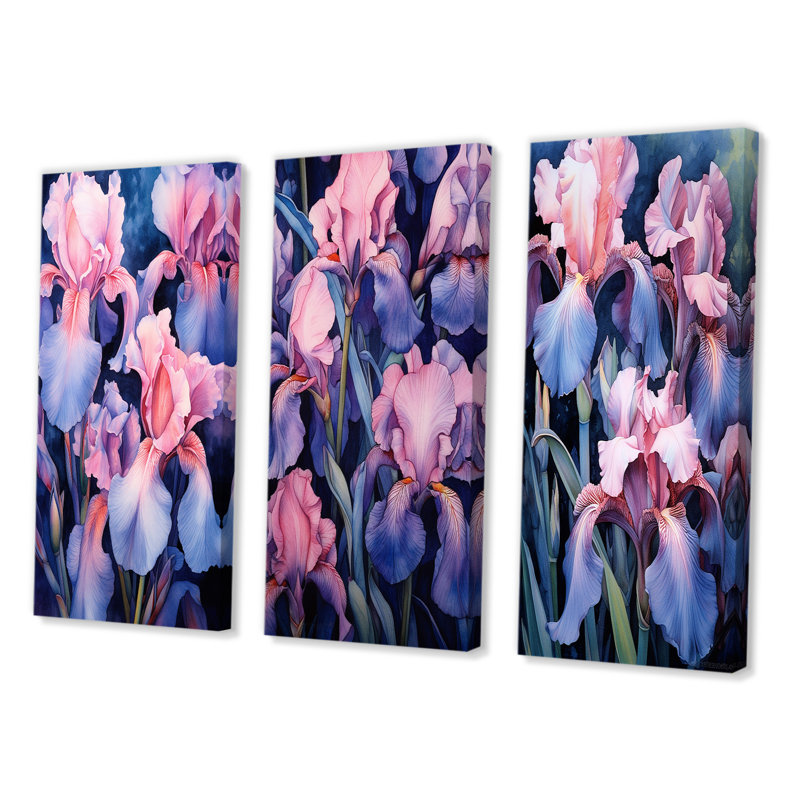 «Pink Blue Iris Petals», 3 pièces sur toile, Toile tendue, H 20 po x l 36 po