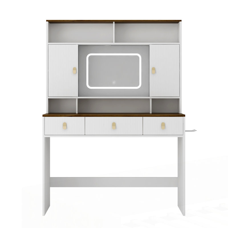 43" Wide Dressing Table with Lighted Mirror and Makeup Drawer
