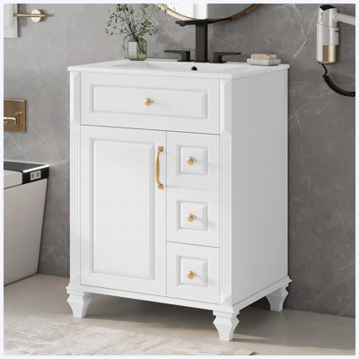 Meuble-lavabo autoportant de 24 po avec lavabo en céramique, tiroir escamotable, 3 tiroirs et armoire de rangement, bois massif et panneau de fibres à densité moyenne, blanc