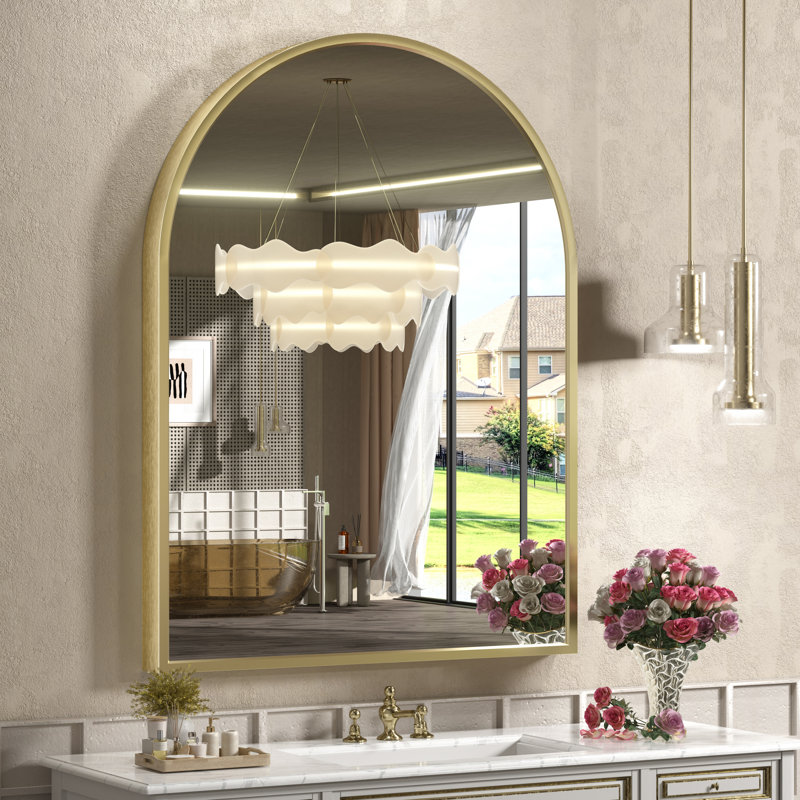 Amara Tempered Glass and Aluminum Alloy Framed French Cleat Mounted Wall Mirror with 5-Year Warranty, 42" x 32", Brushed Gold