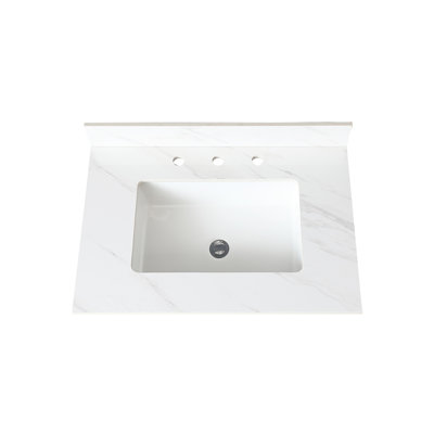 Élégant plateau de meuble-lavabo en pierre frittée blanche, 31 pouces avec dosseret de 4 po et trou de robinet pré-percé, à poser sur le dessus du lavabo rectangulaire