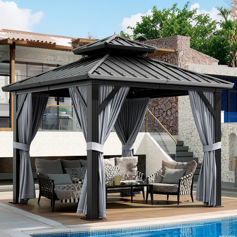 Outdoor Hardtop Gazebo, Galvanized Iron Double Vent Roof with Curtains & Netting, Aluminum Frame Pavilion for Patio, Lawn, Deck, Garden
