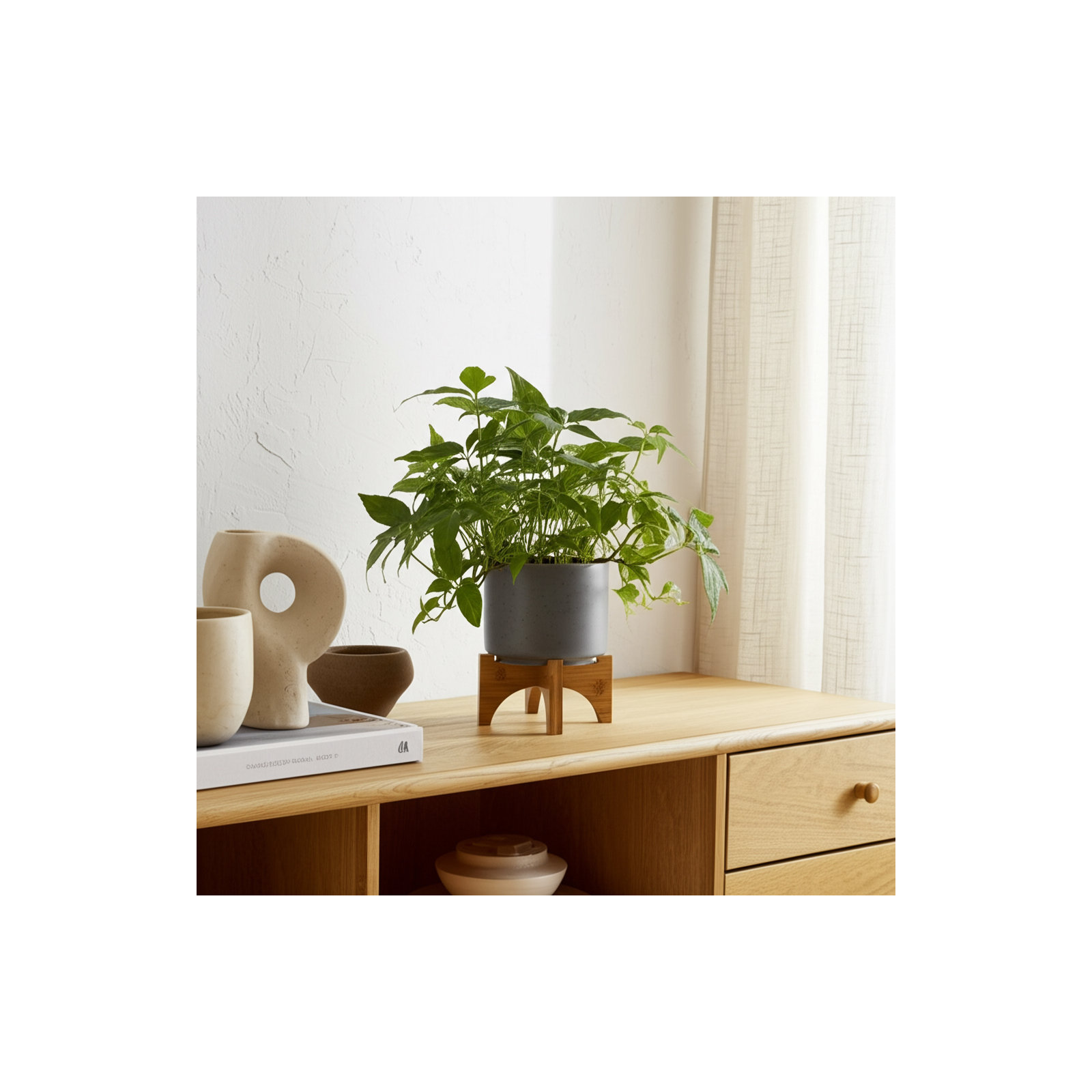 Sagebrook Home Ascend Neutral Ceramic Planter Pot with Stand Indoor/Outdoor, 7" H x 5" W x 5" D, Dark Gray, 1