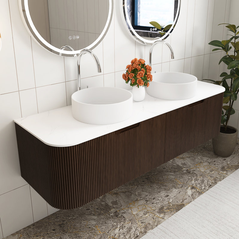 Meuble-lavabo mural 60 po pré-assemblé à grain de bois avec 2 cuves rondes blanches en céramique, Brun