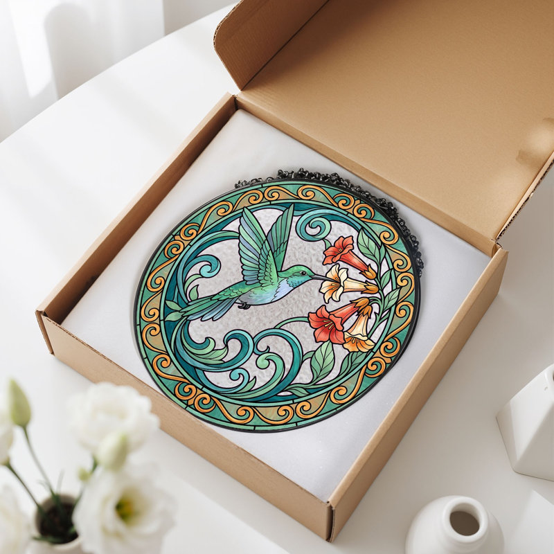 Panneau de vitrail à motif floral Colibri ， H 12 po, 12"H