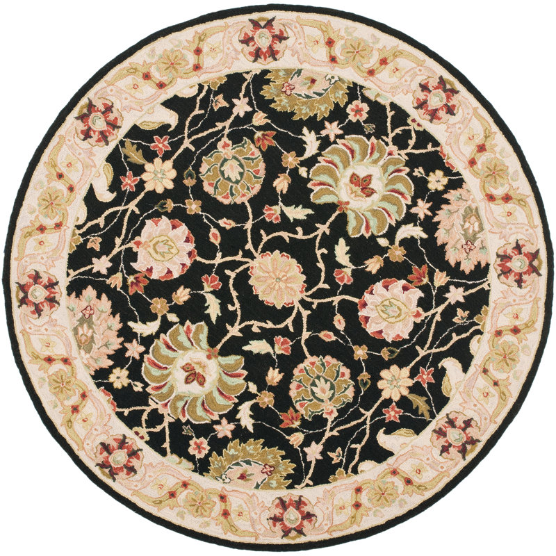 Handmade Black Floral Wool and Cotton Round Area Rug