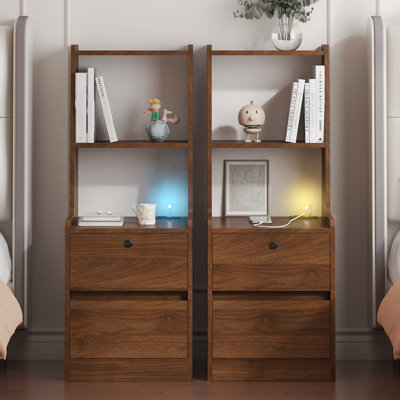 Nightstands Set Of 2, With Charging Station, Smart Nightstand With Night Light, Modern Night Stand With Bookshelf, Bedside Tables With Storage Cabinet For Bedroom