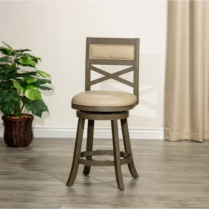 Tabouret pivotant à dossier en X de 24 po de hauteur comptoir, finition gris patiné, siège en cuir gris français