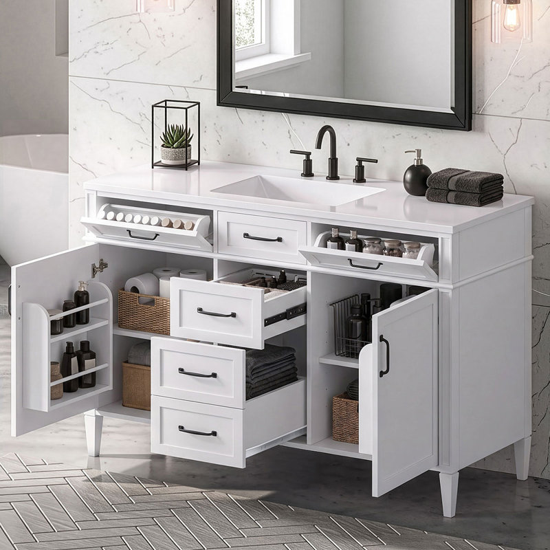 Meuble-lavabo moderne autoportant de 122 cm (48 po), meuble-lavabo composite avec 4 tiroirs, 2 portes et étagères réglables