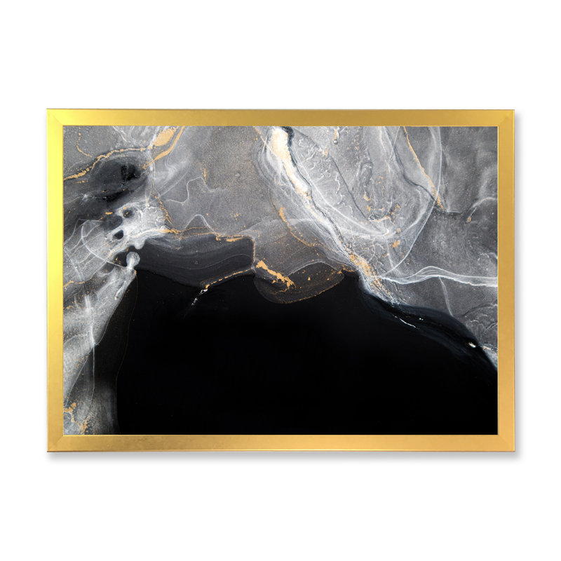 Marbre noir et gris Gloden, ondulations d'art II - œuvre d'art moderne sur toile, Toile encadrée dorée