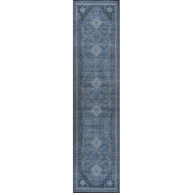 Dalyan Geometric Medallions Machine-Washable Blue/Gray Rug, Runner 2' x 8'