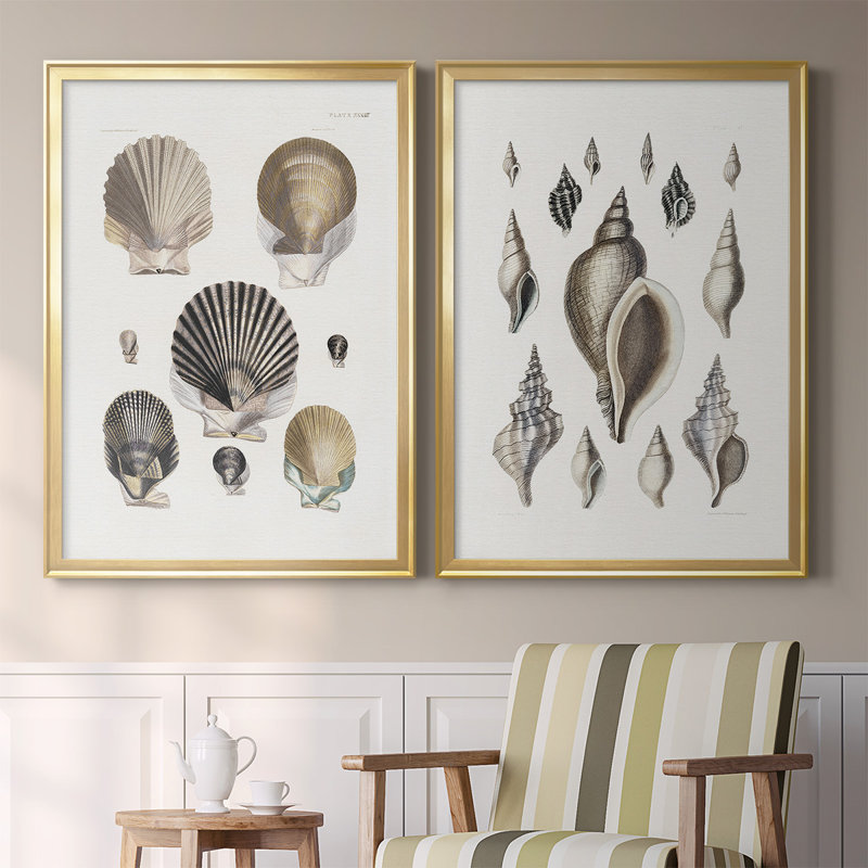 Ensemble de 2 reproductions encadrées sur toile Vintage Shell I, Or, H 42,5 po x l 61 po x P 1,25 po