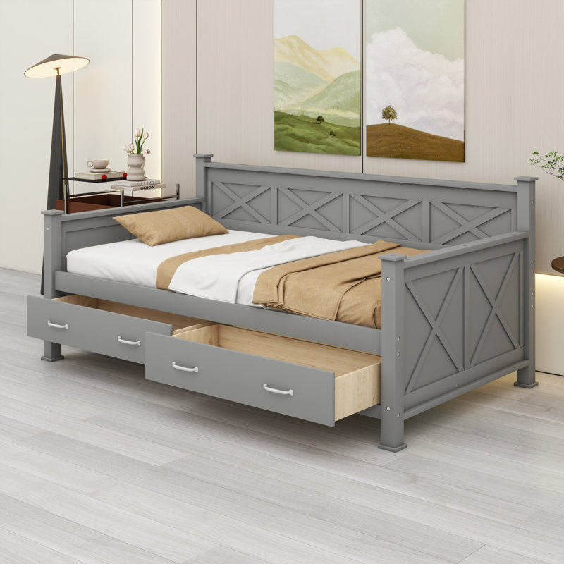 Lit de jour avec 2 grands tiroirs, structure en X, lit de jour moderne et rustique, Gris