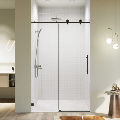 Portes de douche coulissantes simples sans cadre à fermeture en douceur l 46 à 48 po x H 76 po, porte de douche coulissante pour salle de bain, porte en verre trempé épais de 5/16 po (8 mm), noir mat
