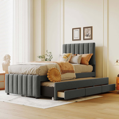Lit plateforme tapissier simple avec lit gigogne et 3 tiroirs, tissu en lin