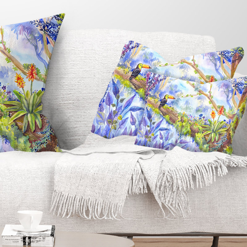 Coussin Jungle with Bird Toucan on Tree, 12 po x 20 po, Rectangulaire