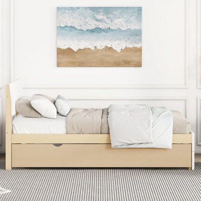 Elegant Twin Bed With White Glossy Headboard, And Oak Worthwhile Handy Trundle Contemporary Frame High Gloss Headboard & Space