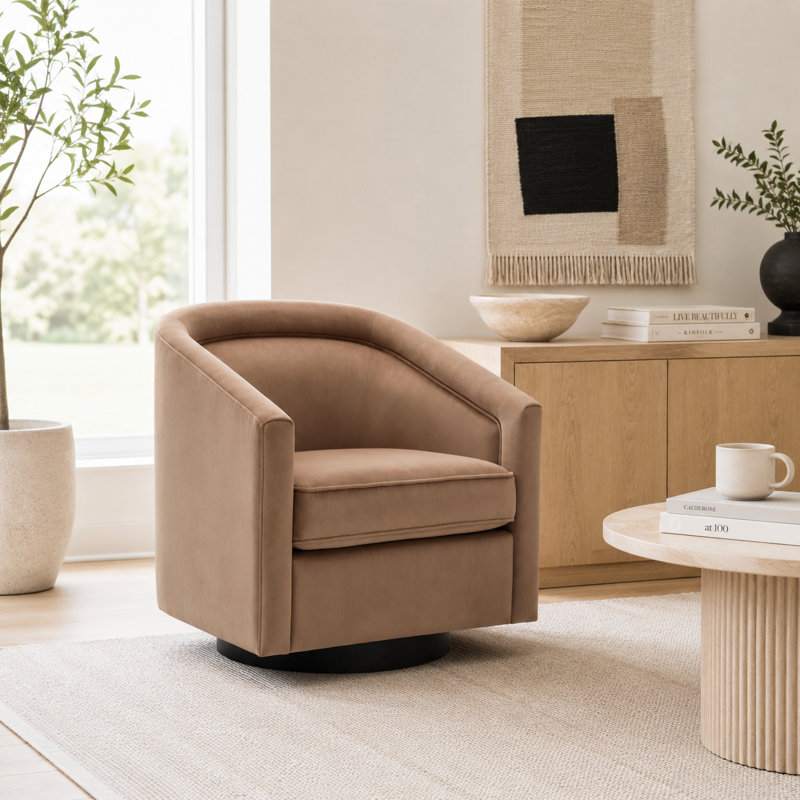 Aloisa Velvet Swivel Barrel Chair, Brown Velvet